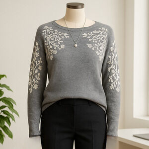 Rain + Rose Embroidered Gray Sweater – White Floral Detail Angora Blend | Size M